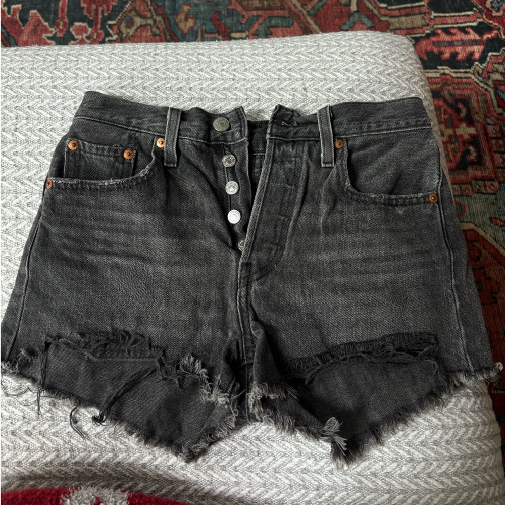 Levi's 501 Lighter Black Jean Shorts Distressed Raw Hem